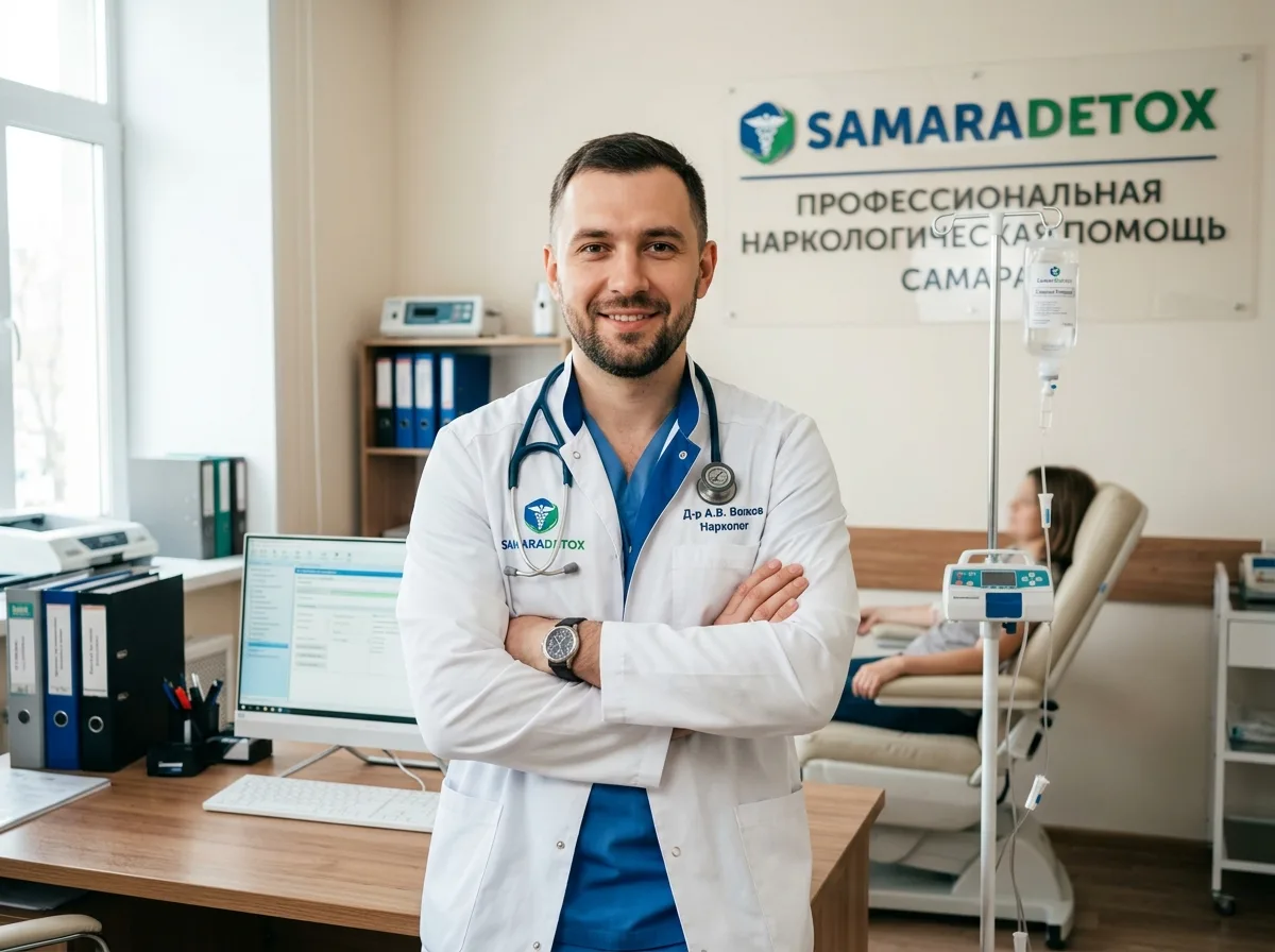 Врач-нарколог клиники СамараДетокс в белом халате, уверенный взгляд, современный медицинский кабинет с капельницей на фоне, профессиональная наркологическая помощь Самара