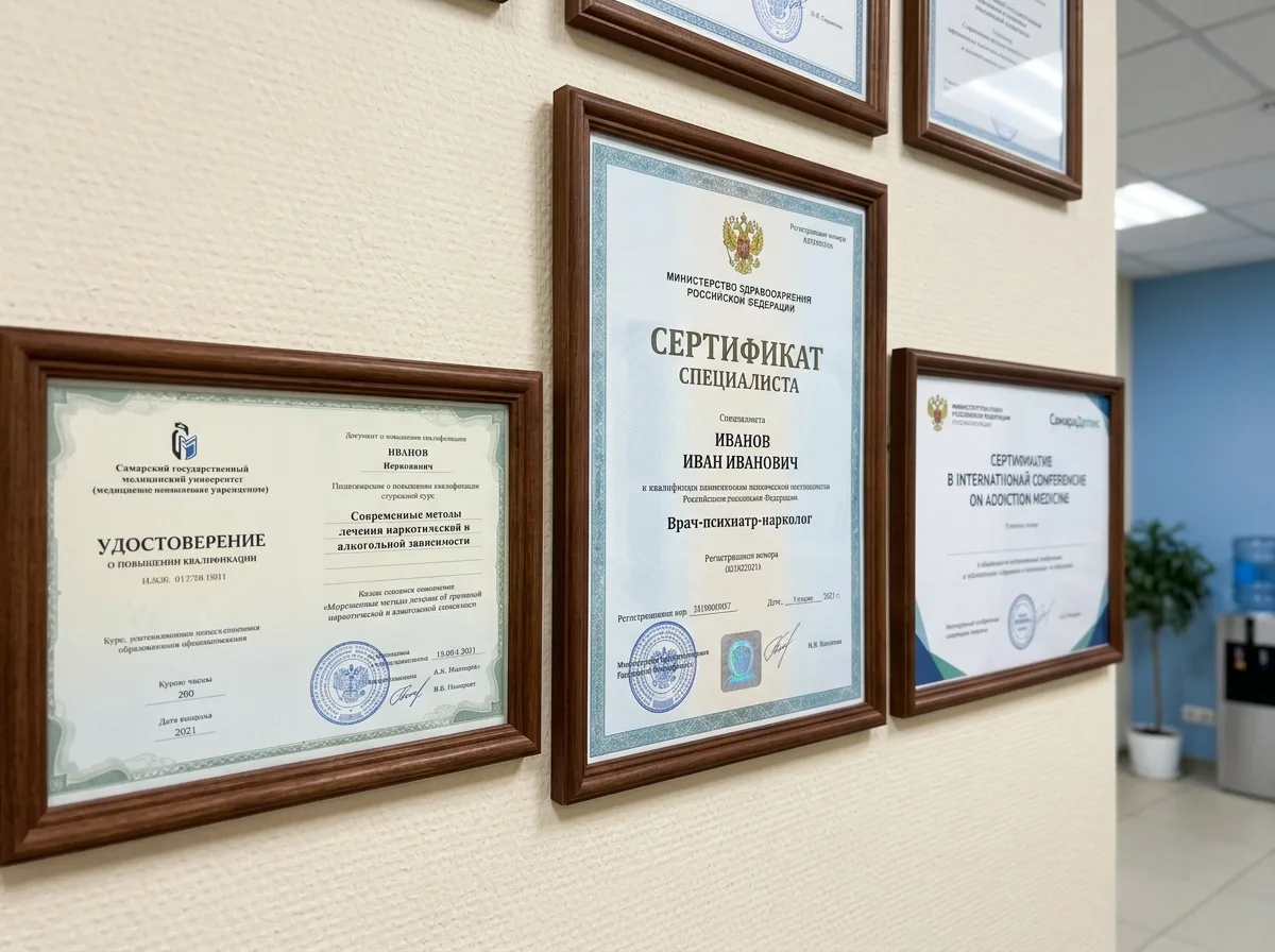 Сертификаты специалистов наркологической клиники СамараДетокс, документы о повышении квалификации врачей-наркологов